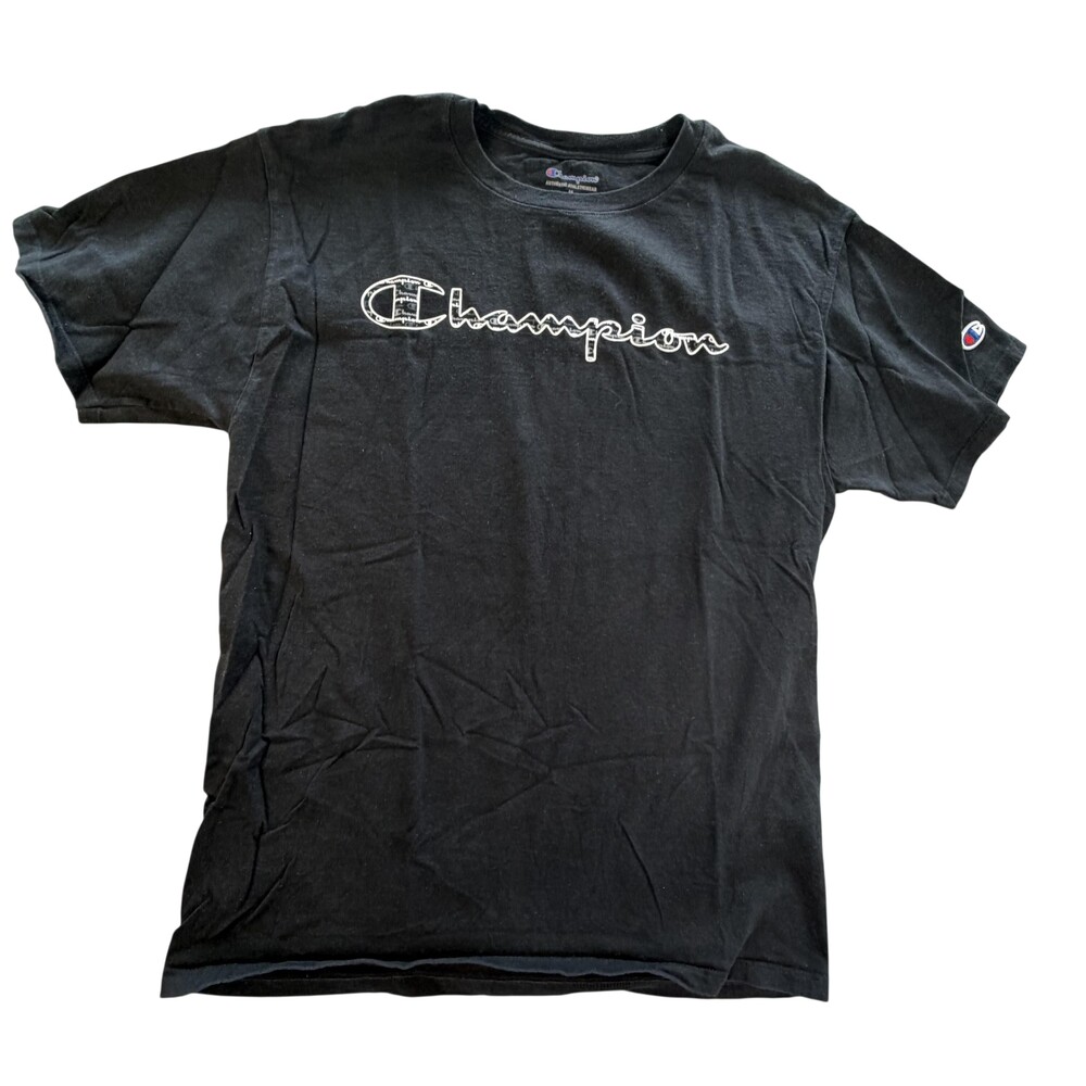 Champion Shirt Mens Medium Black Script Logo Graphic Tee Tagless Sport Athletic